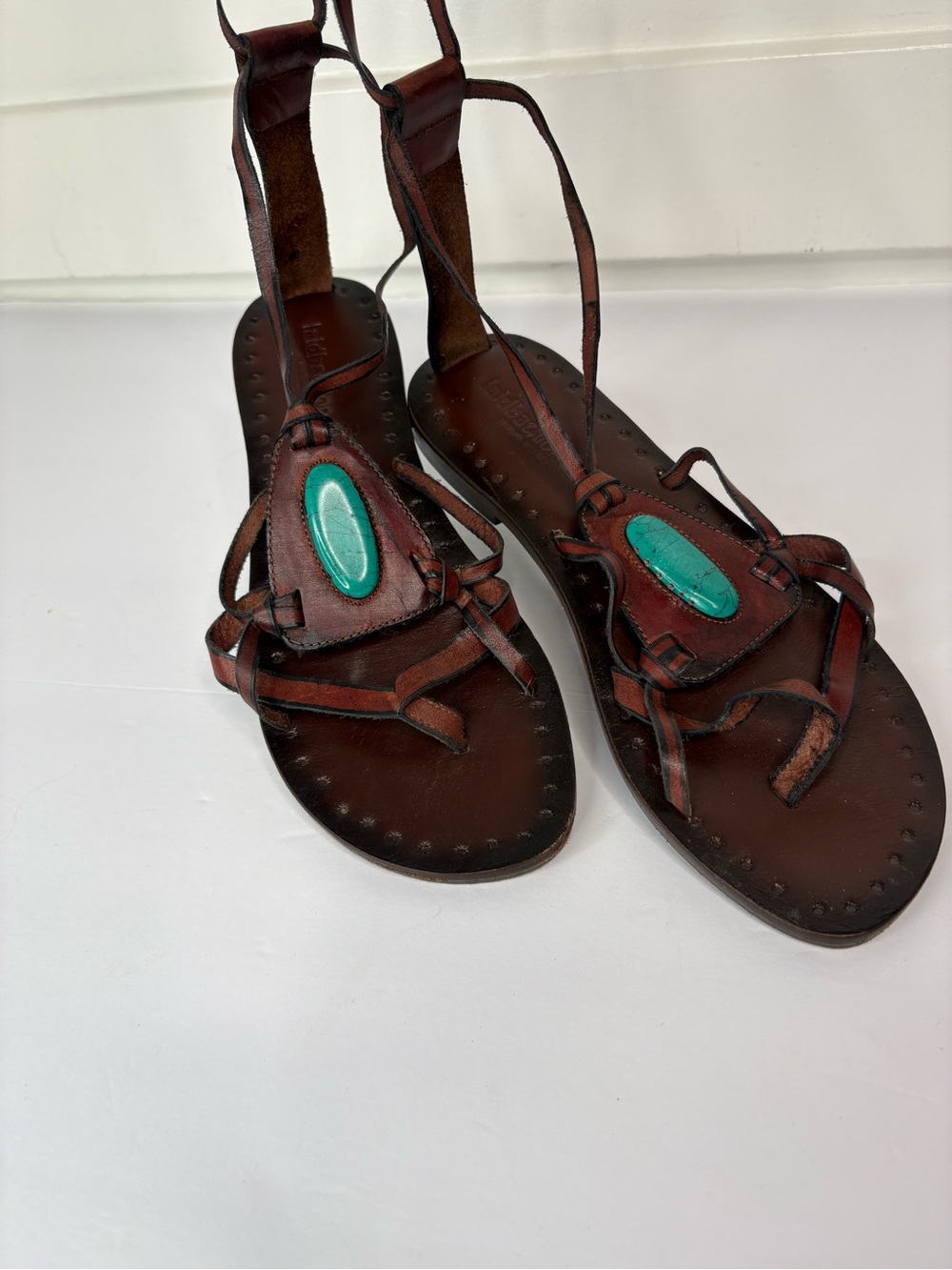 Laidback London Sage Turquoise Leather Sandals EU 37 US 6.5 Handmade Kenya